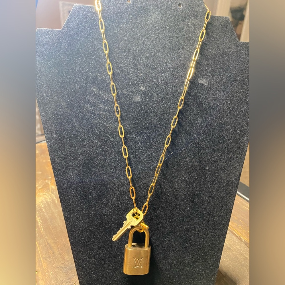 Louis Vuitton Gold Padlock Pendant #315 on Paperclip Gold Plated Chain Necklace